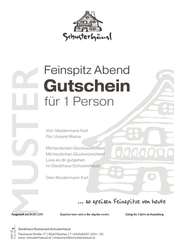 Gutschein SChusterhaeusl Steakhaus Feinspitzabend REstaurant in Flachau